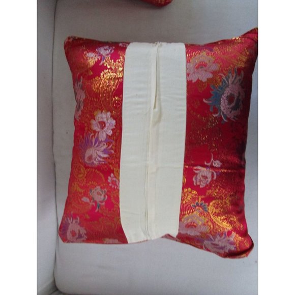 Asian Inspired Raspberry Chrysanthemum Floral Gold Accent Brocade Pillow Covers - Picture 11 of 16